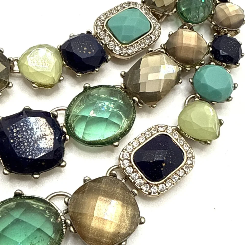 DANA BUCHMAN Teal Blue Beige Rhinestone Bib Necklace Multistrand 16